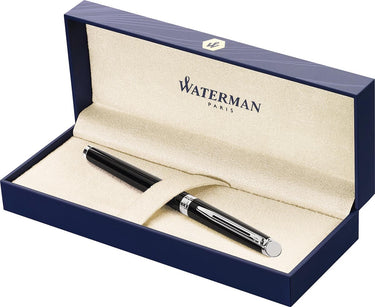 Waterman hémisphère-vulpen | glimmend zwart met chromen rand | medium penpunt | zwarte inkt | cadeauverpakking