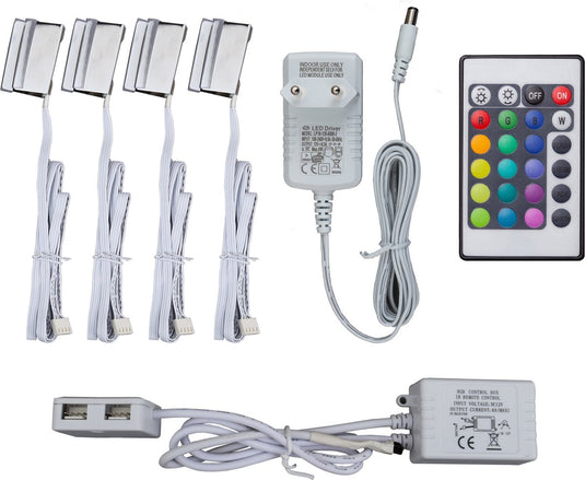 B.k.licht - led rgb licht set van 4 - kastverlichting - glasplaatclips - onderbouwverlichting - met afstandsbediening - led strips