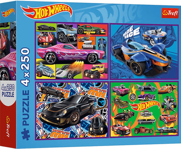 Trefl hot wheels - puzzelset 4-in-1 - 250 stuks - 33x23 cm - kalanderd papier; milieuvriendelijk