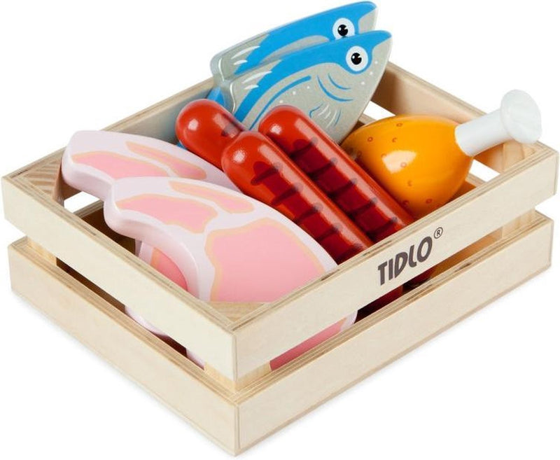 Load image into Gallery viewer, Tidlo houten speeleten vlees en vis in kist, 8dlg.
