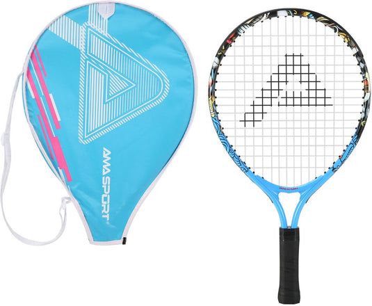 Ama sport kinder tennisracket graffiti blauw 25 inch – lichtgewicht junior racket met tas – ideaal voor beginners –