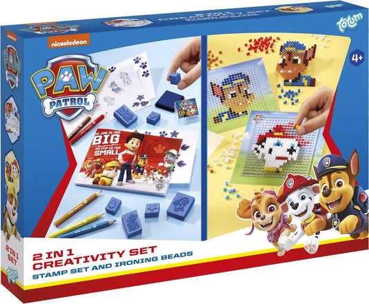 Totum paw patrol 2 in1 knutselset stempelen, kleuren, strijkkralen met chase en marshall cadeautip creatief speelgoed