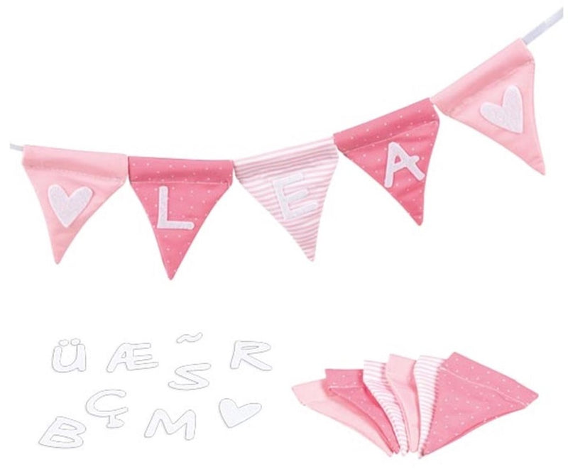 Load image into Gallery viewer, Goki stoffen vlaggenlijn maken roze met 10 vlaggen en alfabet tekens
