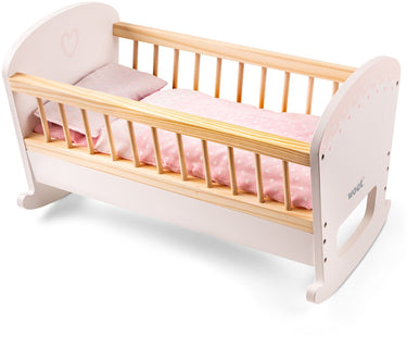 Woet ® houten poppenbedje - inclusief dekbed en kussen - roze wiegje voor pop - poppenmeubel speelgoed - rollenspel poppenaccessoire - vanaf 3 jaar