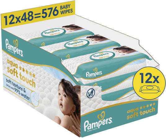 Pampers aqua soft touch babydoekjes - 12 verpakkingen van 48 doekjes = 576 doekjes