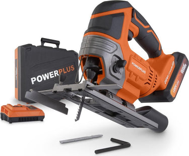 Powerplus dual power powdp25310 decoupeerzaag - 20v - incl. 1x 20v 2.0ah accu, lader, accessoires, stofzuigaansluiting, parallelgeleider en opberkoffer