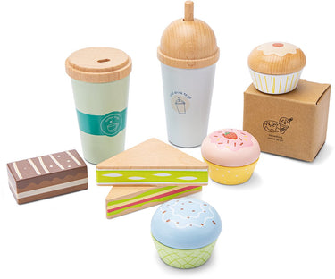 Woet ® houten koffie to go speelset - 12-delige set met to go bekers, gebakjes en sandwiches - winkel accessoires - fsc - rollenspel speelgoed - speelgoedeten - vanaf 2 jaar