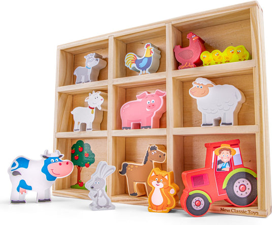 New classic toys ® houten boerderij dieren speelgoed - speelfigurenset in houten opbergdoos - speelset