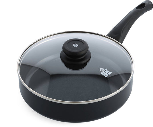 Bk brilliant hapjespan 24cm met deksel - 2.65l - pfas-vrije antikleeflaag – hapjespan inductie - keramische pan - ovenbestendig tot 160°c – koudgreep - met glazen deksel - zwart