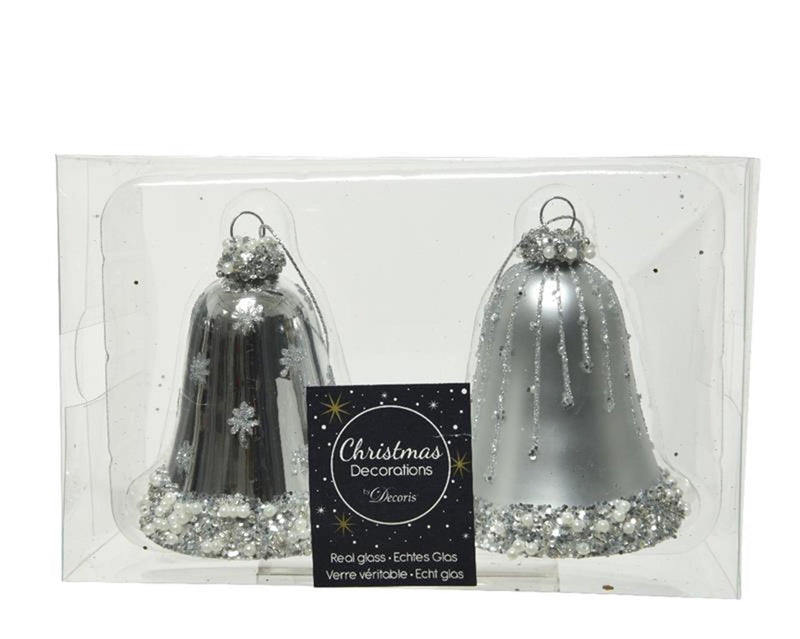Afbeelding laden in galerijviewer, Decoris glazen kerstornamenten in vorm van gedecoreerde klokjes dia 6.5cm x 8 cm zilver
