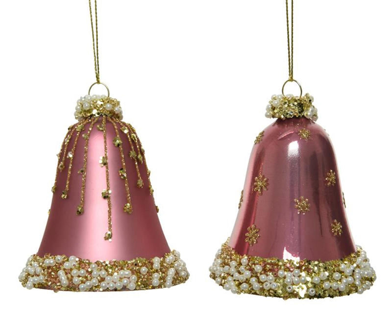 Afbeelding laden in galerijviewer, Decoris glazen kerstornamenten in vorm van gedecoreerde klokjes dia 6.5cm x 8 cm velours roze
