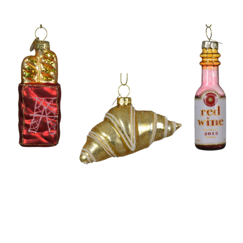 Afbeelding laden in galerijviewer, Decoris kersthanger set francaise vin rouge croissant bagette 3-delig set
