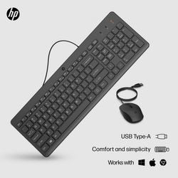 Hp 150 muis en toetsenbord met kabel desktopset (zwart, eu lay-out (qwerty), membraan, 100%, 1600 dpi)