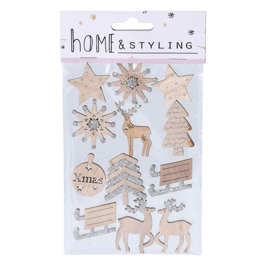 Houten kerst stickers met glitters, 12st.