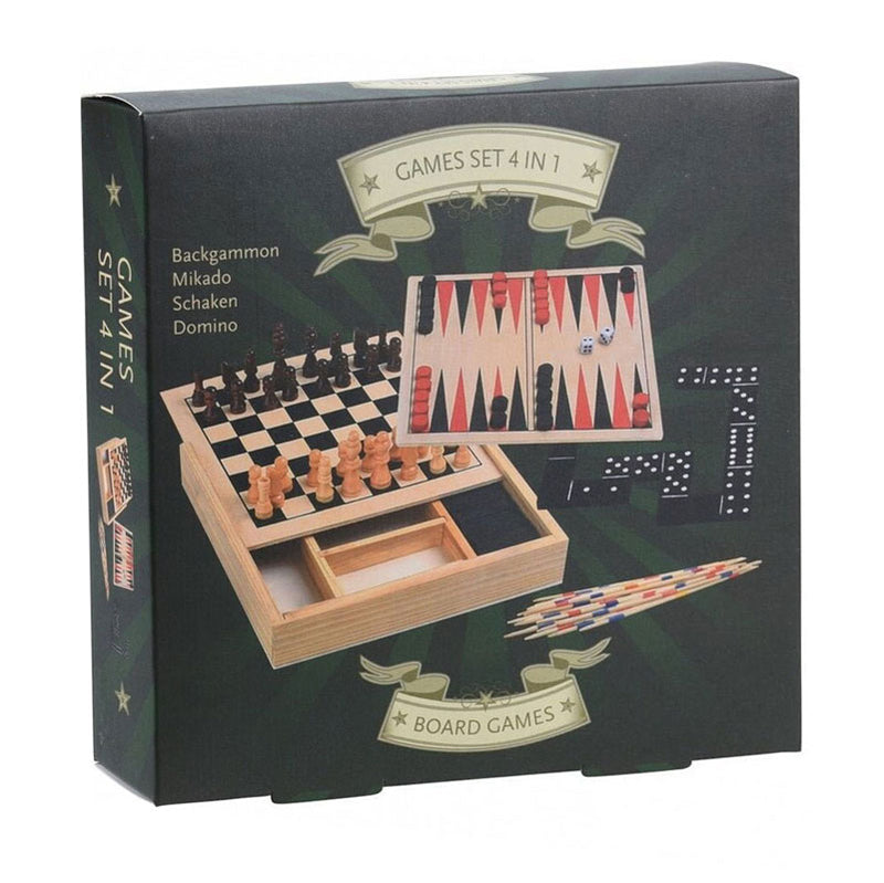 Load image into Gallery viewer, Koopman houten spellendoos 4 in 1 met schaken - backgammon - domino - mikado - 17x17cm - reiseditie
