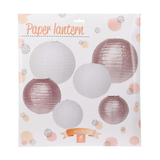 Lampion papier rosegoud wit, set van 6