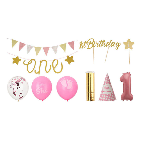 Set feestversiering 1e verjaardag - roze meisje, 9dlg.
