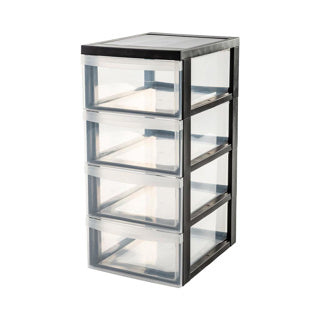 Iris design chest ladekast - 4 half diepe lades - 4x 11l - kunststof - zwart transparant - met wielen