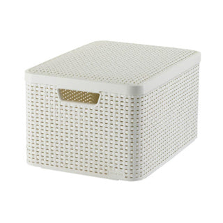 Load image into Gallery viewer, Curver style mand l met deksel rotanstyle ivoor (lxbxh 44x32x25cm)
