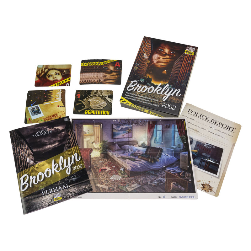 Load image into Gallery viewer, Tactic crime scene brooklyn 2002 – bordspel – misdaadspel – moderne stadszaak vol geheimen – diepgaand onderzoek en deductie – crime scene serie – game storm studio – 1 of meer spelers – vanaf 18 jaar
