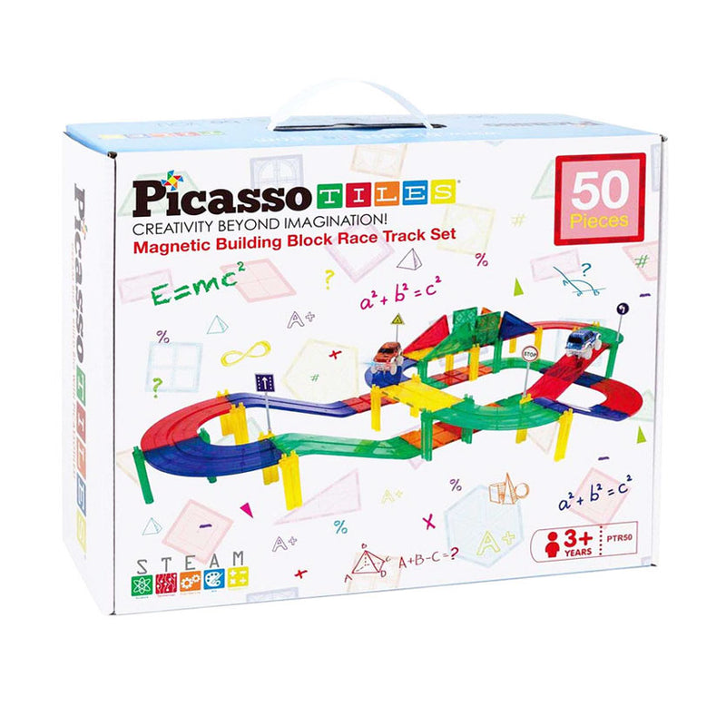 Load image into Gallery viewer, Picasso tiles tactic - constructiespeelgoed - magnetic tiles - magnetische tegels - race track - stem speelgoed - magnetische racebaan met 2 led auto's - 50-delig - vanaf 3 jaar
