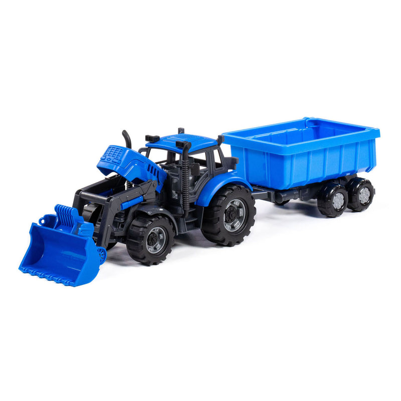 Load image into Gallery viewer, Cavallino tractor met lader en aanhang kiepwagen blauw, schaal 1:32
