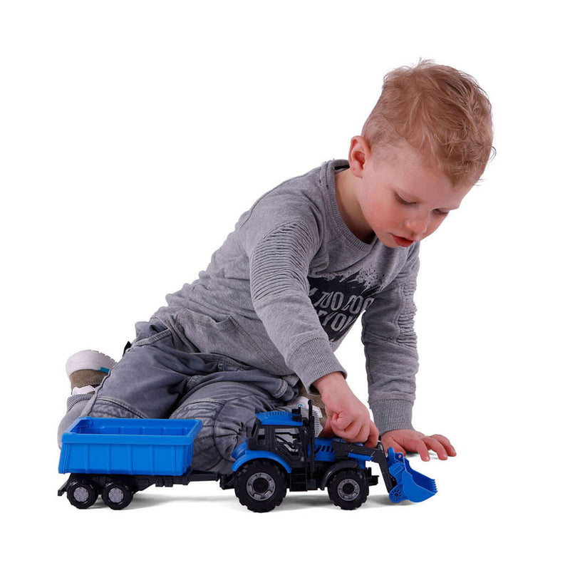 Load image into Gallery viewer, Cavallino tractor met lader en aanhang kiepwagen blauw, schaal 1:32
