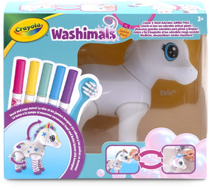 Crayola washimals jumbo – hobbypakket - groot paardje evie (15 cm) om te kleuren, wassen en opnieuw te kleuren, set met 5 uitwasbare stiften en borsteltje, 3+ jaar