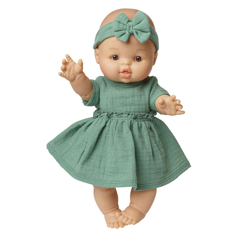 Load image into Gallery viewer, Heless meisjes babypop met groen jurkje - 34cm
