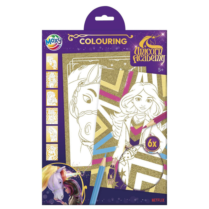 Afbeelding laden in galerijviewer, Moxy unicorn academy glitterpapier kleurplaten a4 - 6 vellen
