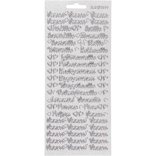 Stickers, onnea aidille, vel 10x23 cm, zilver, 1 vel
