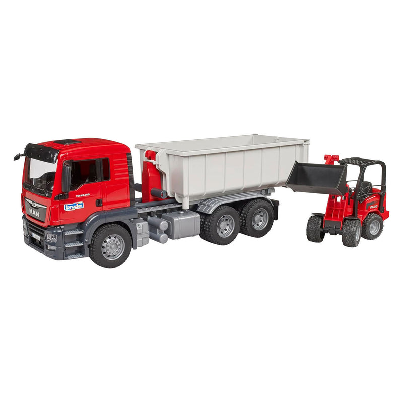 Load image into Gallery viewer, Bruder , miniatuurauto van de man tgs vrachtwagen met container, rood

