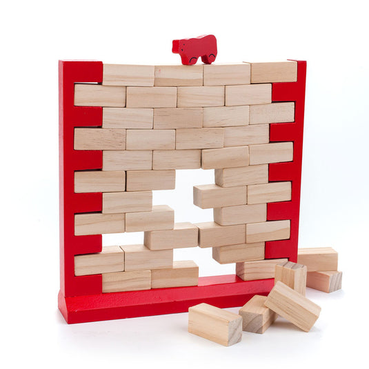 Houten evenwichtsspel vallende muur