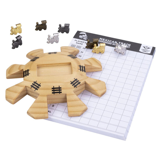 Engelhart domino mexican train accessoires set - 8 metalen treintjes - houten station - scoreblok -