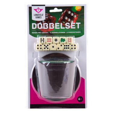 Longfield pokerbeker met deksel – inclusief 2 sets dobbelstenen (16 mm) – dobbelset – klassiek dobbelspel familiespel – engelhart