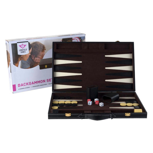 Engelhart backgammon 18 inch - bruin ivoor gestikt bord - zwarte koffer met handvat - luxe reiseditie -