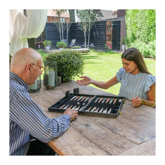 Engelhart backgammon 18 inch - bruin ivoor gestikt bord - zwarte koffer met handvat - luxe reiseditie -