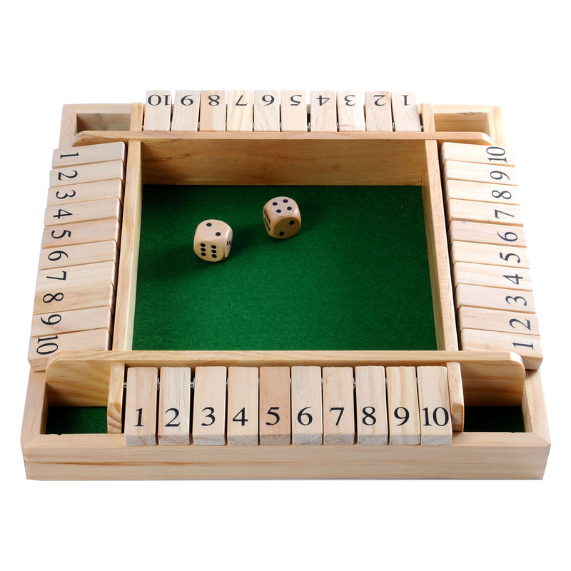 Load image into Gallery viewer, Longfield shut the box – 4 spelers – rubberhouten bak met ingelegd vilt – inclusief 8 houten dobbelstenen – bordspel 29 x 29 x 3,5 cm – strategisch familiespel – engelhart
