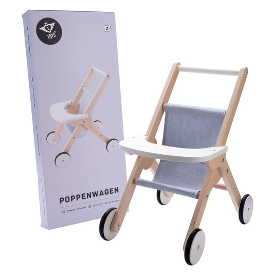 Houten poppenwandelwagen grijs blauw
