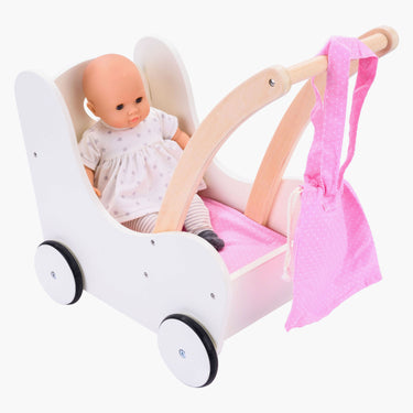 Engelhart poppen loopwagen roze wit – houten poppenwagen met matrasje, dekentje, kussentje opbergtas – geschikt voor alle poppen –