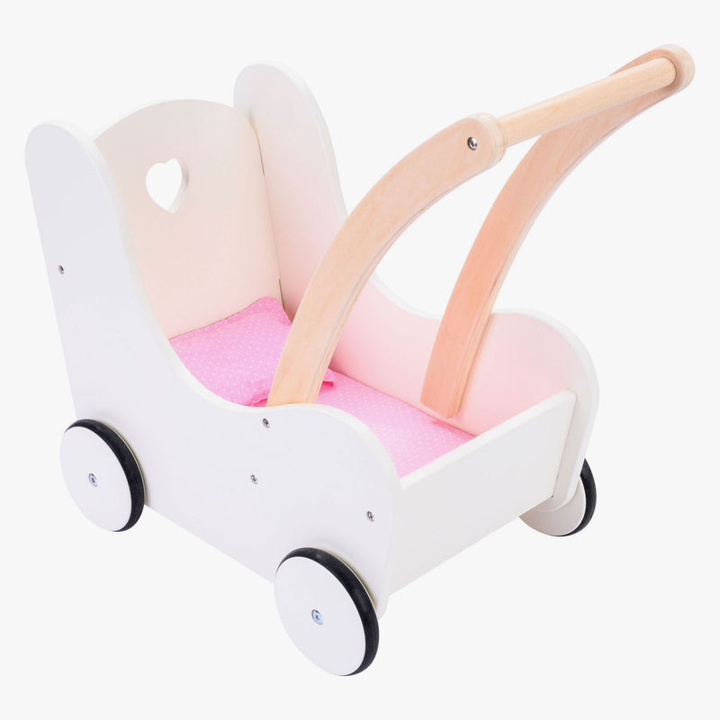 Load image into Gallery viewer, Engelhart poppen loopwagen roze wit – houten poppenwagen met matrasje, dekentje, kussentje opbergtas – geschikt voor alle poppen –
