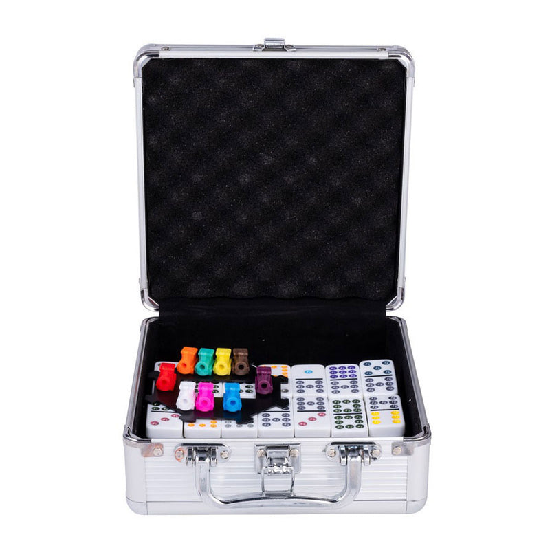 Load image into Gallery viewer, Engelhart domino dubbel 12 mexican train – 91 stenen met gekleurde ogen – luxe aluminium koffer met handvat – inclusief station treinen – strategisch familiespel –
