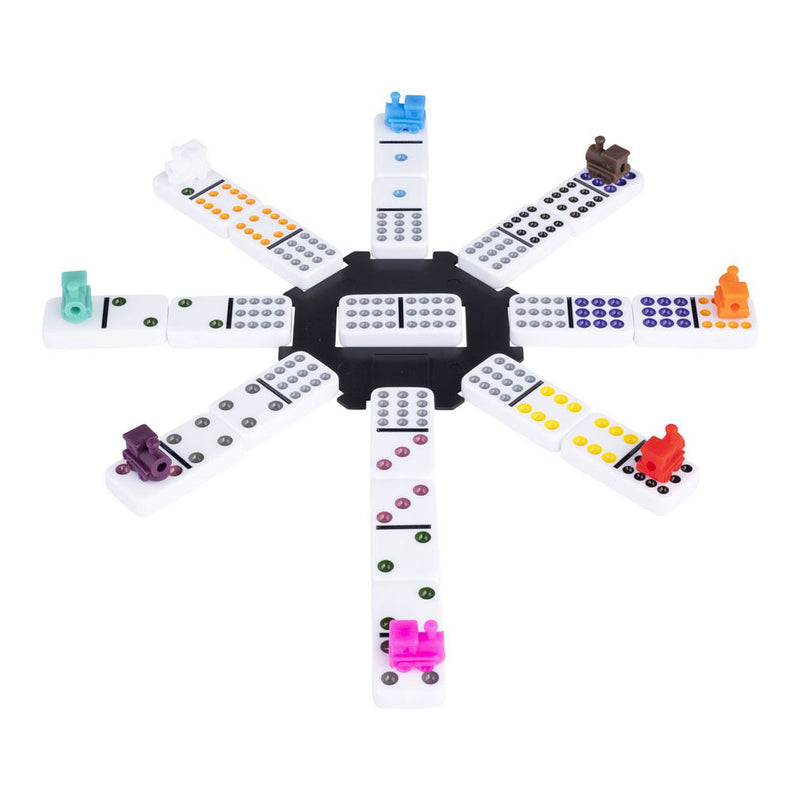 Load image into Gallery viewer, Engelhart domino dubbel 12 mexican train – 91 stenen met gekleurde ogen – luxe aluminium koffer met handvat – inclusief station treinen – strategisch familiespel –
