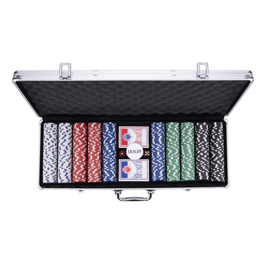 Longfield pokerset in zilveren koffer met 500 chips (11,5 g) – compleet met kaarten, dealer button dobbelstenen – engelhart
