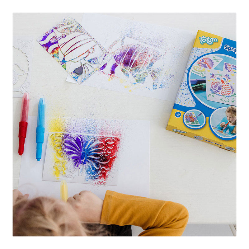 Load image into Gallery viewer, Totum spraypens 5 blaaspennen knutselset incl. unicorn en dieren sjablonen - creatief speelgoed vanaf 4 jaar - knutselen tekenen en schilderen cadeau tip
