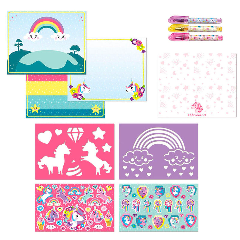 Load image into Gallery viewer, Totum unicorn designer vakantie doeboek stickeren, tekenen en schrijven - creatief speelgoed meisjes vanaf 3 jaar - 25 delig - incl. stickers en sjablonen knutselen
