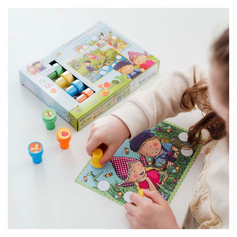 Load image into Gallery viewer, Bambolino fien teun creatieve stempelset, stempels en gekleurde kaarten - creatief, educatief speelgoed - boerderij speelgoed - vanaf 3 jaar - toys
