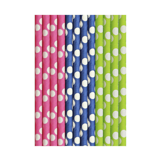 Duni papieren rietjes cocktail dots: blue, green pink 15cm pak a 25 stuks