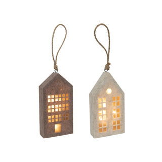 Huis hanger beige bruin vilt led 20cm 2ass | 4 stuks