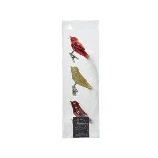 Vogel glas shiny, glitter white feather tail mixl. 3cm x w.8cm x h.3.5cm | 30 stuks